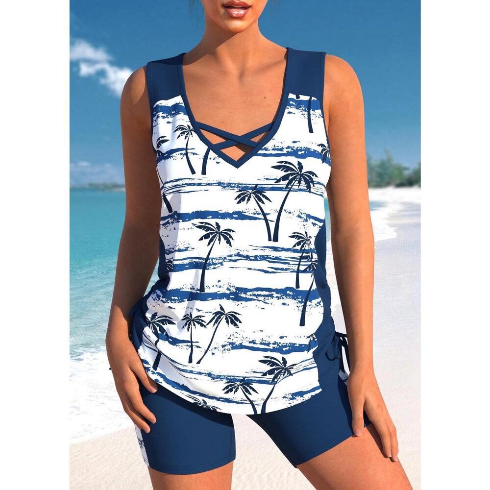 Women's L Blue & White Palm Tree Print Swim Tankini Top Beachware